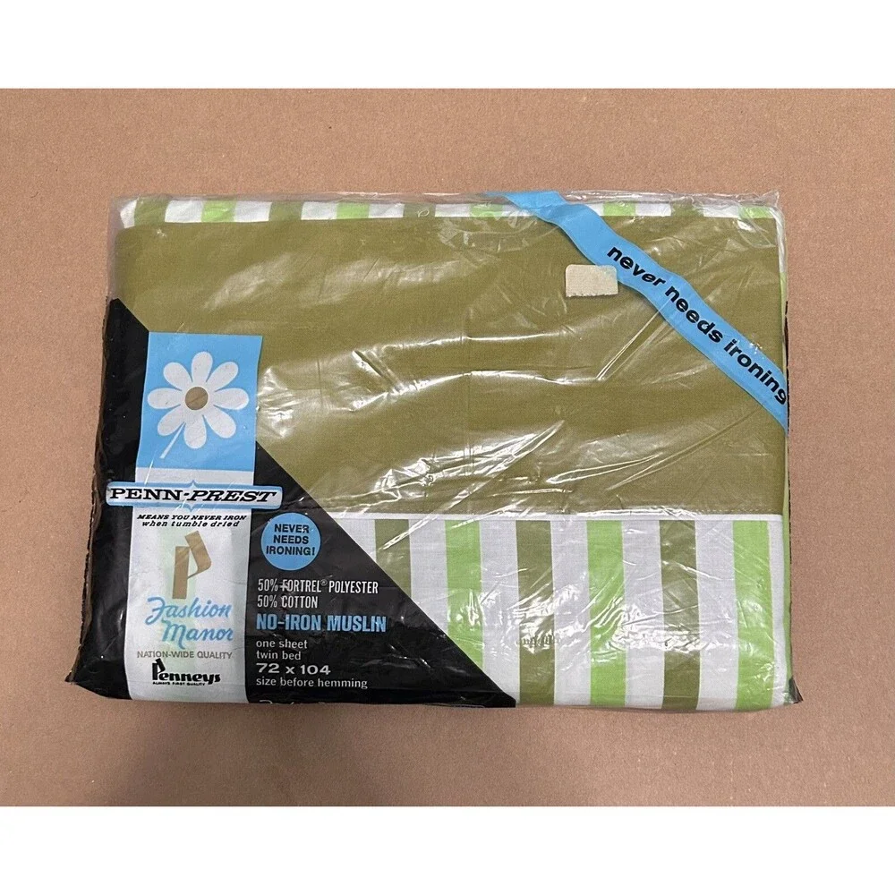 Vintage Penn-Prest JC Penny Fashion Manor Green Striped Full & Flat sheet Muslin